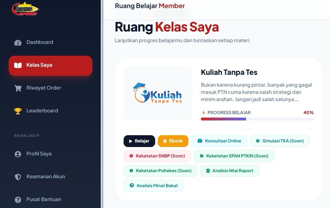 Tampilan Dashboard Akun Member Lampung Cerdas